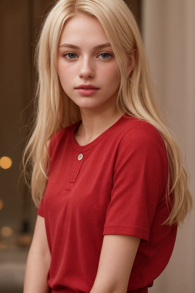 CRU photo, portrait of a beautiful blonde woman wearing a red shirt (highly detailed skin:1.2), 8k hd, dslr, soft lighting, high qualiy, Film grain, Fujifilm XT3