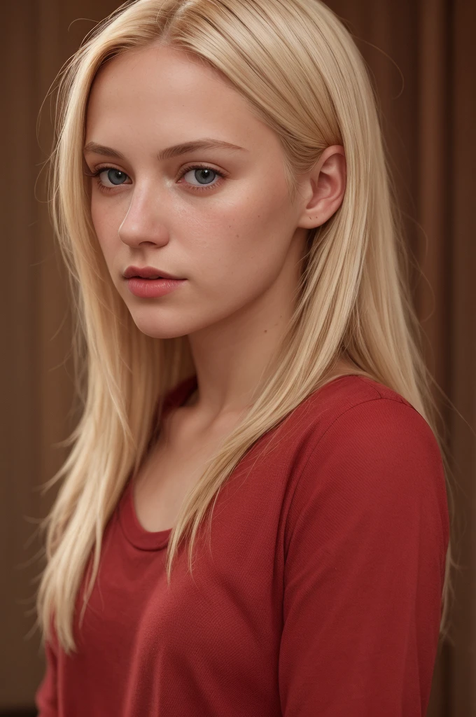 CRU photo, portrait of a beautiful blonde woman wearing a red shirt (highly detailed skin:1.2), 8k hd, dslr, soft lighting, high qualiy, Film grain, Fujifilm XT3