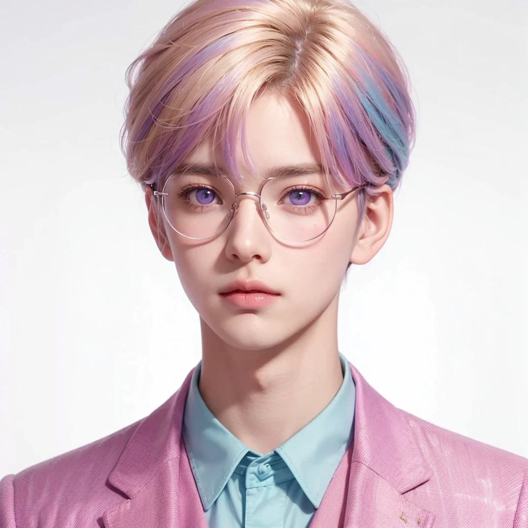 Handsome boy, (blonde hair highlighted with pink, purple, and light blue), pink eyes, wearing round eyeglass, wearing pink formal