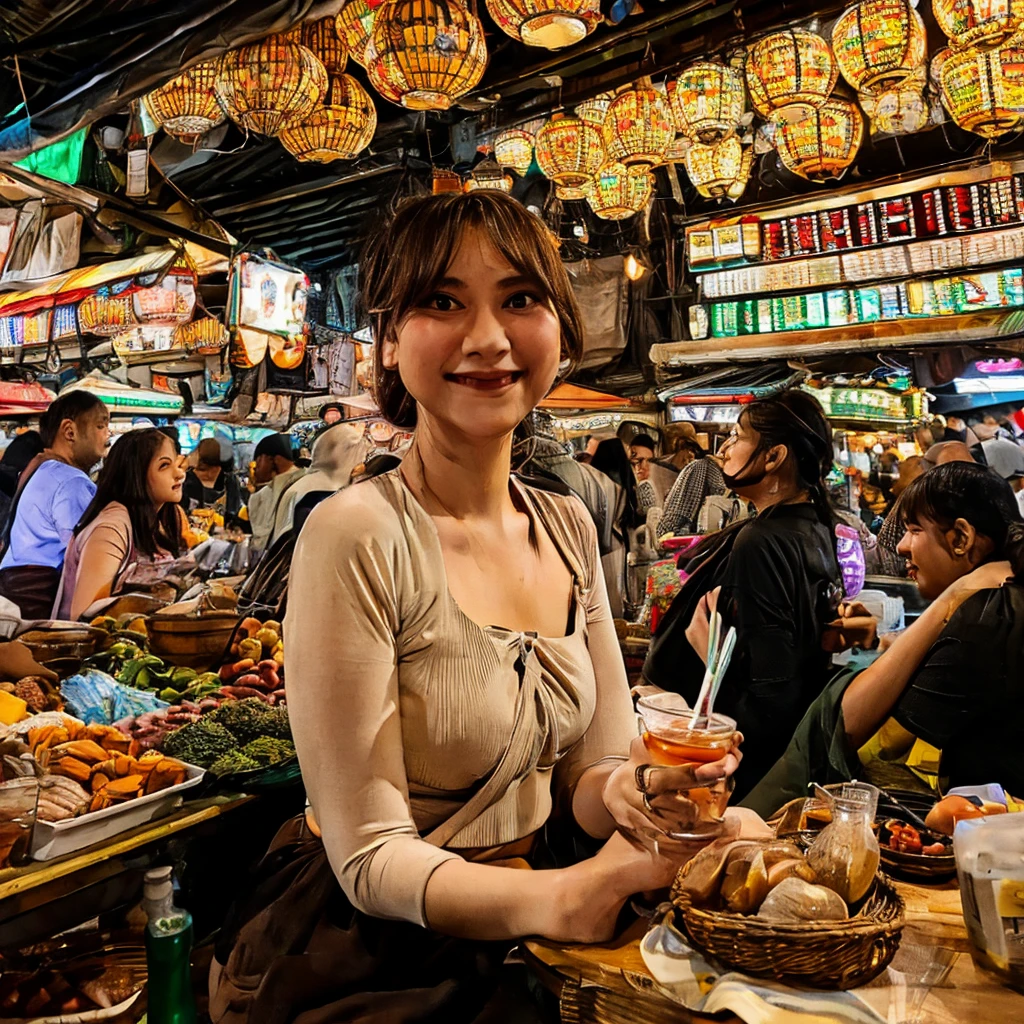 Realistic photo of a (slightly curvy) woman smiling and holding a glass of cold drink in a busy market. This woman has slightly sweaty skin, wearing a white tank top and a brown skirt. She had dark brown hair tied up, a few strands falling over her face. In the background, there are many people, mostly men, standing or sitting around a long counter, appearing to be interested or paying attention to the woman. This market appears to be inside a large building with a high roof and lots of hanging lights that illuminate the area. This image depicts a busy and lively market atmosphere, with interactions between sellers and buyers that look natural and authentic.