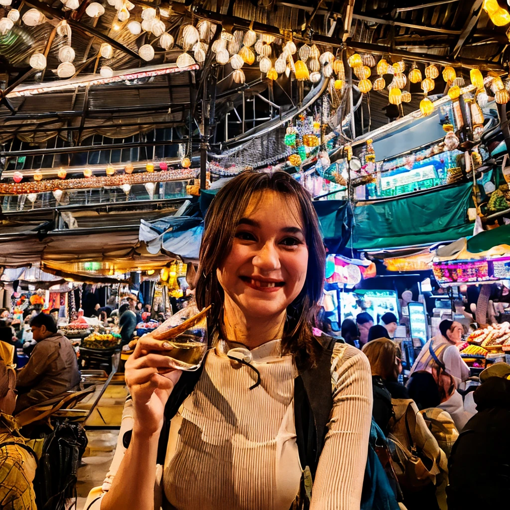 Realistic photo of a (slightly curvy) woman smiling and holding a glass of cold drink in a busy market. This woman has slightly sweaty skin, wearing a white tank top and a brown skirt. She had dark brown hair tied up, a few strands falling over her face. In the background, there are many people, mostly men, standing or sitting around a long counter, appearing to be interested or paying attention to the woman. This market appears to be inside a large building with a high roof and lots of hanging lights that illuminate the area. This image depicts a busy and lively market atmosphere, with interactions between sellers and buyers that look natural and authentic.