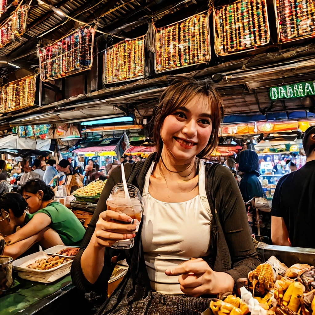 Realistic photo of a (slightly curvy) woman smiling and holding a glass of cold drink in a busy market. This woman has slightly sweaty skin, wearing a white tank top and a brown skirt. She had dark brown hair tied up, a few strands falling over her face. In the background, there are many people, mostly men, standing or sitting around a long counter, appearing to be interested or paying attention to the woman. This market appears to be inside a large building with a high roof and lots of hanging lights that illuminate the area. This image depicts a busy and lively market atmosphere, with interactions between sellers and buyers that look natural and authentic.