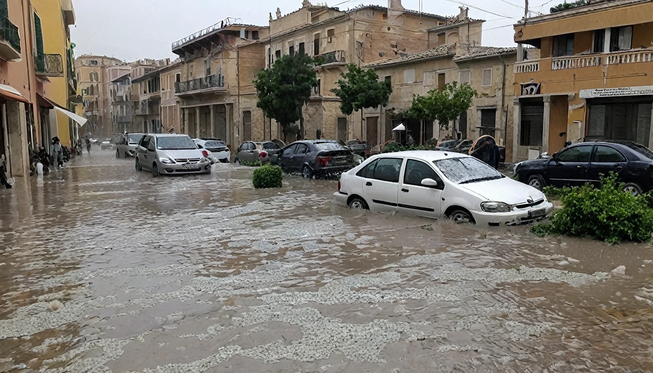 Large hailstorm in Alexandria province, Italy, causes destruction of tiles and flooding.