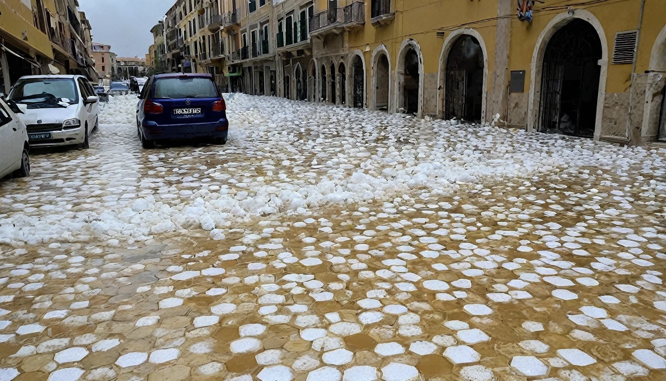 Large hailstorm in Alexandria province, Italy, causes destruction of tiles and flooding.