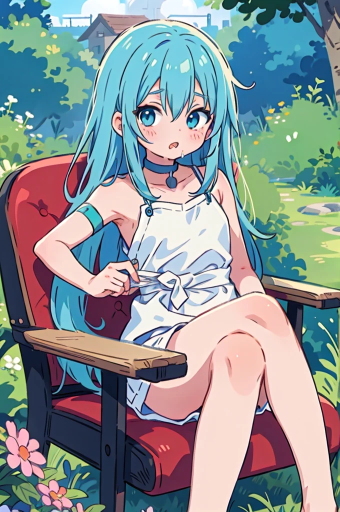 masterpiece, Best quality, anime style, Aqua from the anime Konosuba, naked, blue hair, sitting on a chair, Fantasy Middle Ages,choker, bandages on the body, solo, mouth open, Drooling