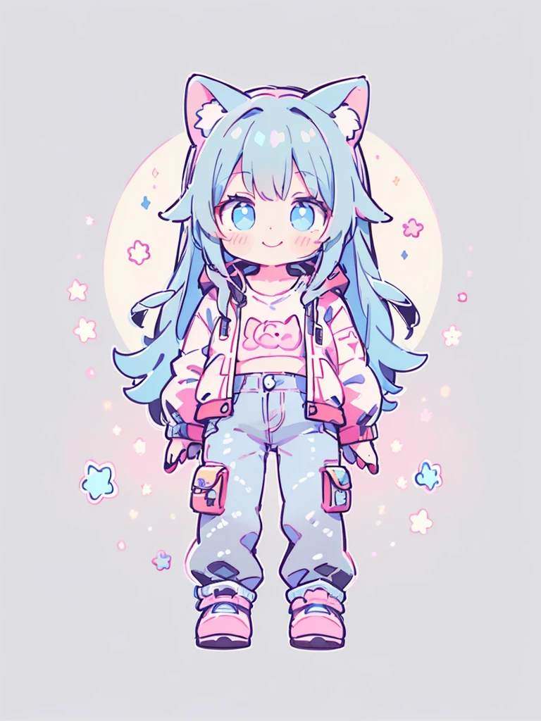 ((Highest quality,masterpiece,Extremely complex and exquisite details,A short girl with gray and blue cat ears and long hair is in the center,Gray blue super long straight hair,Curly hair at the ends,Sparse air bangs,Gray and pink T-shirt,Denim hooded cropped jacket,Black and gray long cargo pants)),(pink and white sneakers,Smile slightly,Surrounded by tons of cute short-legged cats,Correct anatomy),Super Q super cute short full body portrait,Starry sky background vertical painting space scene