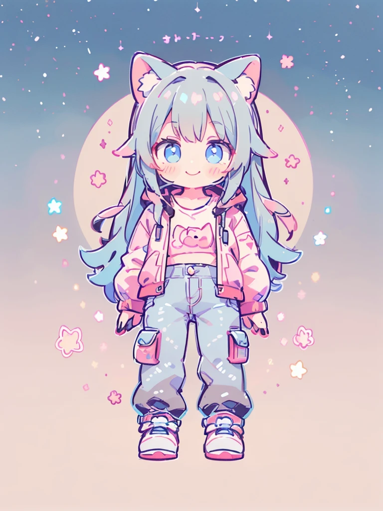 ((Highest quality，masterpiece，Extremely complex and exquisite details，A short girl with gray and blue cat ears and long hair is in the center，Gray blue super long straight hair，Curly hair at the ends，Sparse air bangs，Gray and pink T-shirt，Denim hooded cropped jacket，Black and gray long cargo pants))，(pink and white sneakers，Smile slightly，Surrounded by tons of cute short-legged cats，Correct anatomy)，Super Q super cute short full body portrait，Starry sky background vertical painting space scene