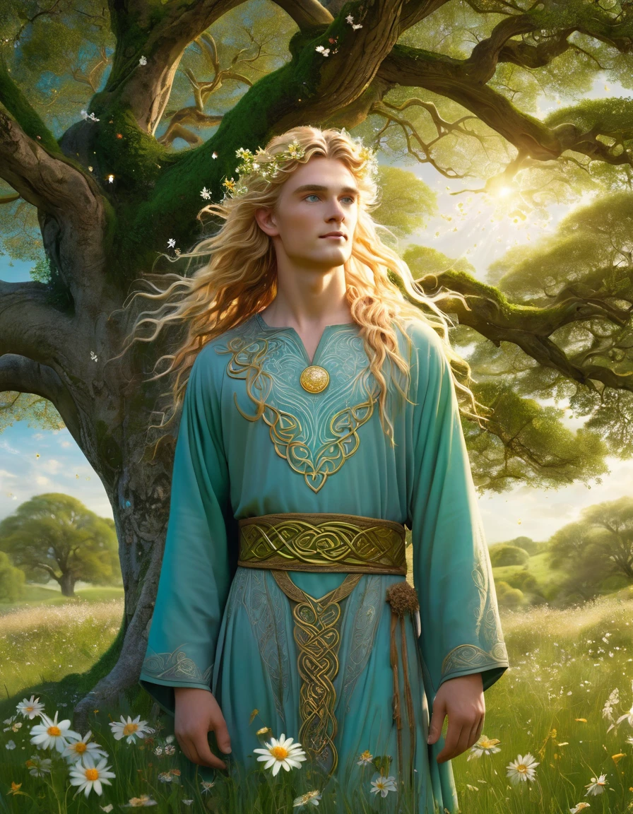Perfect realistic highly detailed impainting 3D photography of Aengus, the Celtic God of love, youth, beauty and dreams, in a beautiful meadow. He is standing under an ancient oak tree, whose branches are adorned with bright, sparkling flowers. Her golden hair flows softly in the wind, and he wears a tunic embroidered with symbols of love and stars.