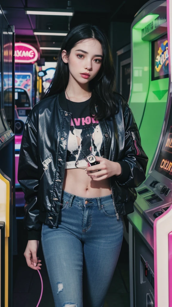 Design an illustration of a 1980s teenager wearing acid wash jeans and a bomber jacket, listening to a Walkman in a neon-lit room with arcade machines and posters of rock bands.