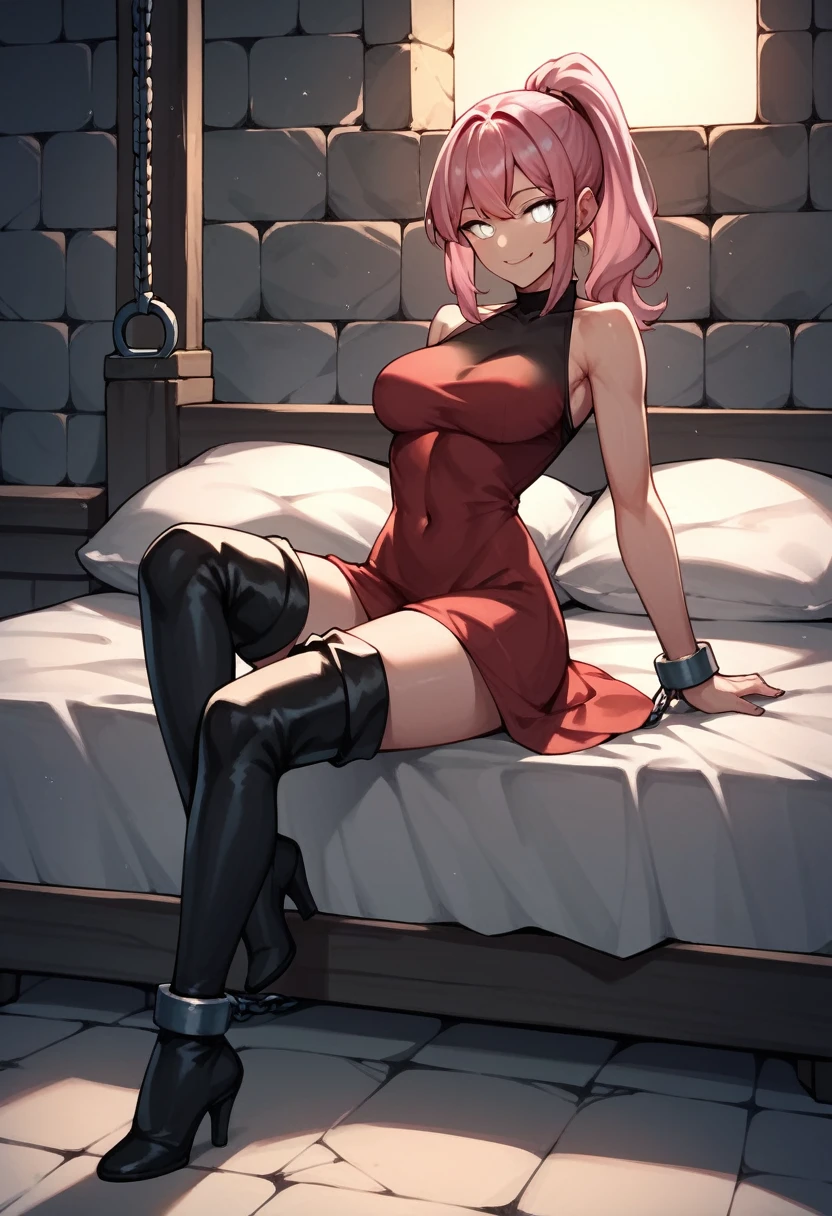 check_9, check_8_up, check_7_up, check_6_up, check_5_up, check_4_up, source_Anime, 1 girl,Bed, pink hair, ponytail, white eyes, smile, WW chain, shackles, black shirt, Red dress, sexy pose, black thigh-high boots, heels, night, dungeon, Best quality, better resolution, 4k uhd,