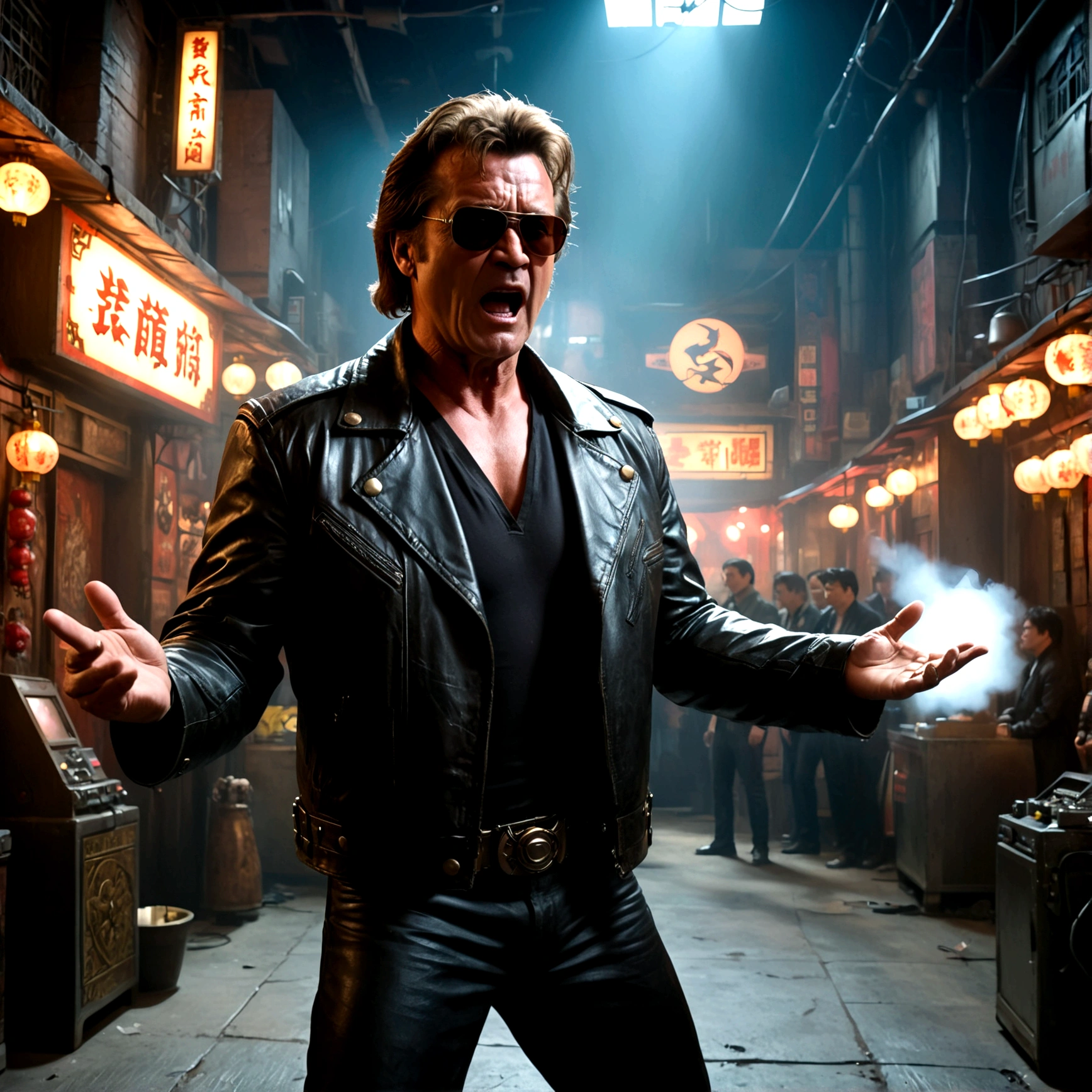 (a man in a leather jacket with sunglasses, angry facial expression (Big Trouble in Little China movies Jack Burton)), gesturing angrily arguing with (DC comics Batman), underground lair with high-tech equipment, dark moody lighting, dramatic composition, cinematic, (best quality,8k,highres,masterpiece:1.2),ultra-detailed,(realistic,photorealistic,photo-realistic:1.37),cinematic lighting,dramatic lighting,moody lighting,dark atmosphere,gritty,industrial,cyberpunk
