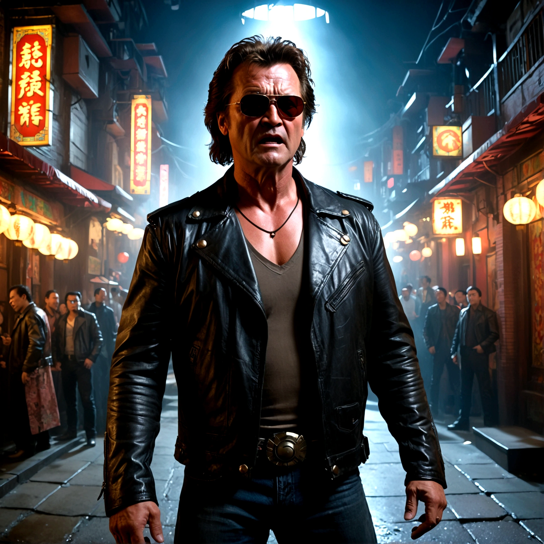 (a man in a leather jacket with sunglasses, angry facial expression (Big Trouble in Little China movies Jack Burton)), gesturing angrily arguing with (DC comics Batman), underground lair with high-tech equipment, dark moody lighting, dramatic composition, cinematic, (best quality,8k,highres,masterpiece:1.2),ultra-detailed,(realistic,photorealistic,photo-realistic:1.37),cinematic lighting,dramatic lighting,moody lighting,dark atmosphere,gritty,industrial,cyberpunk