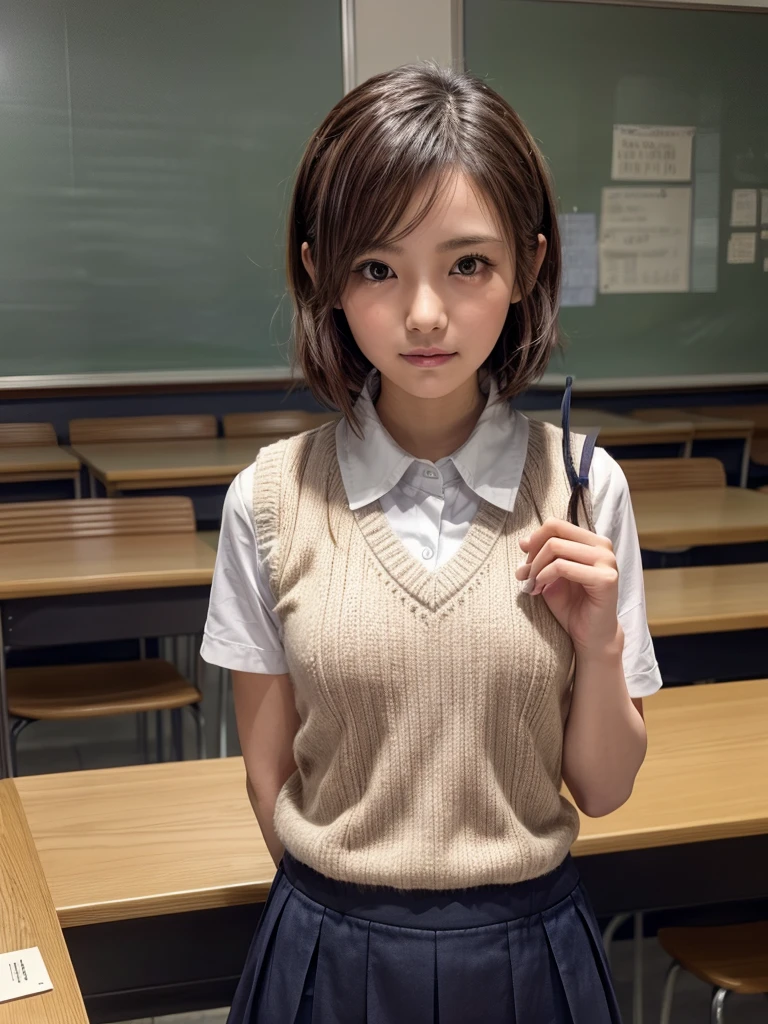 Masterpiece, Top Quality, Top Mikoto, brown eyes, short hair, small breasts, looking at viewer, alone, closed mouth, collared shirt, beige knit vest, dark blue  Skirt, school_uniform, shirt, white_shirt, classroom,Masterpiece, highest quality, 8K, detailed skin texture, fine cloth texture, beautiful detailed face, intricate details, super detailed,cute,cute posing,composition that shows the whole body,