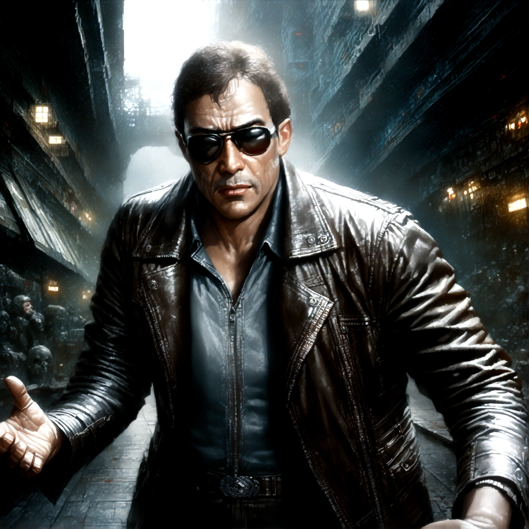 (a man in a leather jacket with sunglasses, angry facial expression (Big Trouble in Little China movies Jack Burton)), gesturing angrily arguing with (DC comics Batman), underground lair with high-tech equipment, dark moody lighting, dramatic composition, cinematic, (best quality,8k,highres,masterpiece:1.2),ultra-detailed,(realistic,photorealistic,photo-realistic:1.37),cinematic lighting,dramatic lighting,moody lighting,dark atmosphere,gritty,industrial,cyberpunk
