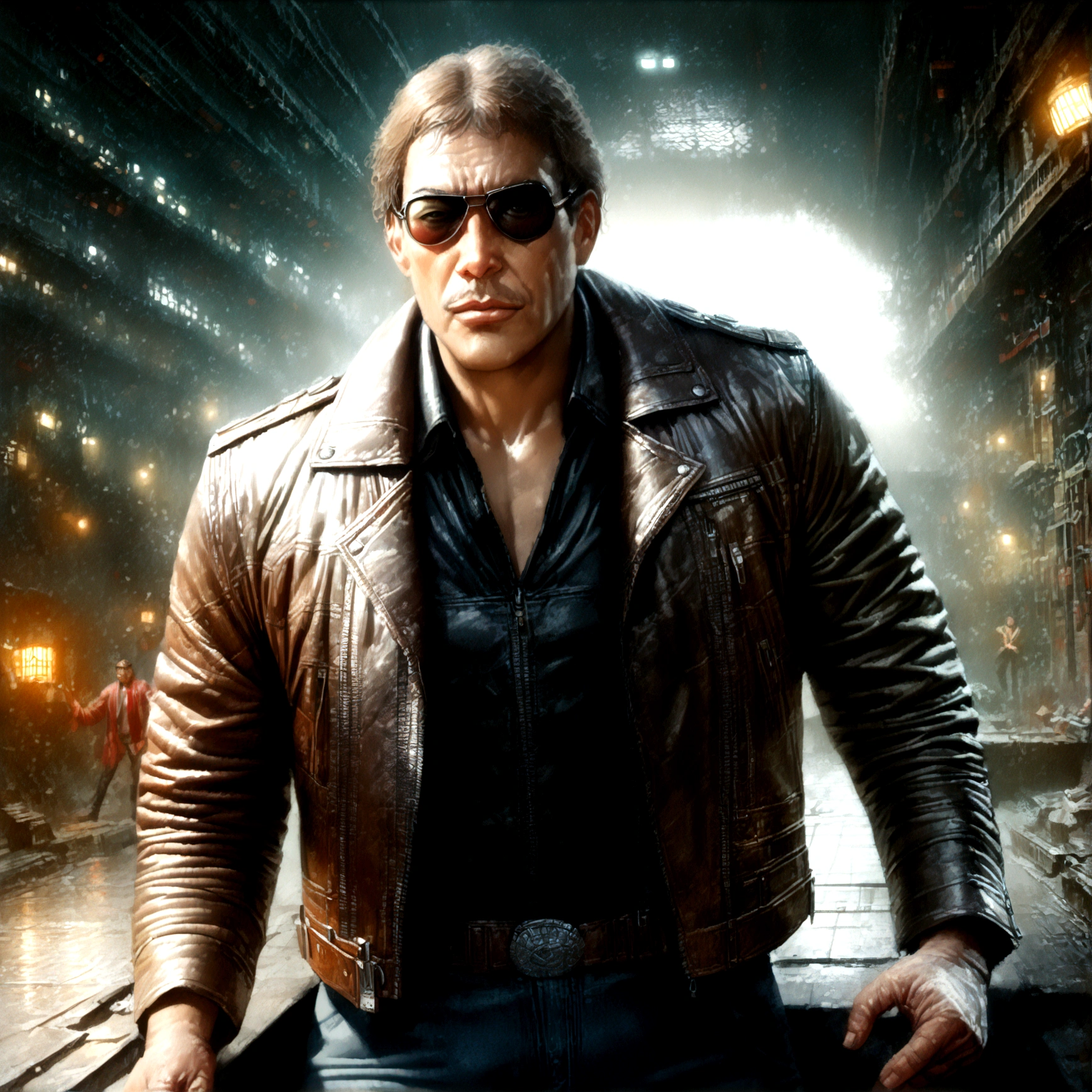 (a man in a leather jacket with sunglasses, angry facial expression (Big Trouble in Little China movies Jack Burton)), gesturing angrily arguing with (DC comics Batman), underground lair with high-tech equipment, dark moody lighting, dramatic composition, cinematic, (best quality,8k,highres,masterpiece:1.2),ultra-detailed,(realistic,photorealistic,photo-realistic:1.37),cinematic lighting,dramatic lighting,moody lighting,dark atmosphere,gritty,industrial,cyberpunk