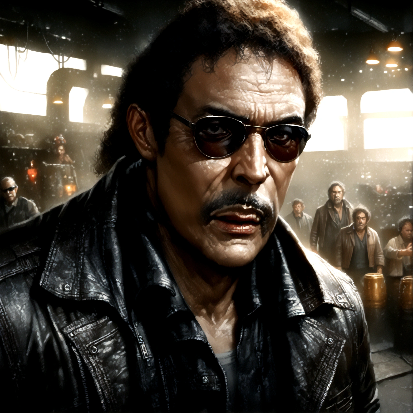(a man in a leather jacket with sunglasses, angry facial expression (Big Trouble in Little China movies Jack Burton)), gesturing angrily arguing with (DC comics Batman), underground lair with high-tech equipment, dark moody lighting, dramatic composition, cinematic, (best quality,8k,highres,masterpiece:1.2),ultra-detailed,(realistic,photorealistic,photo-realistic:1.37),cinematic lighting,dramatic lighting,moody lighting,dark atmosphere,gritty,industrial,cyberpunk