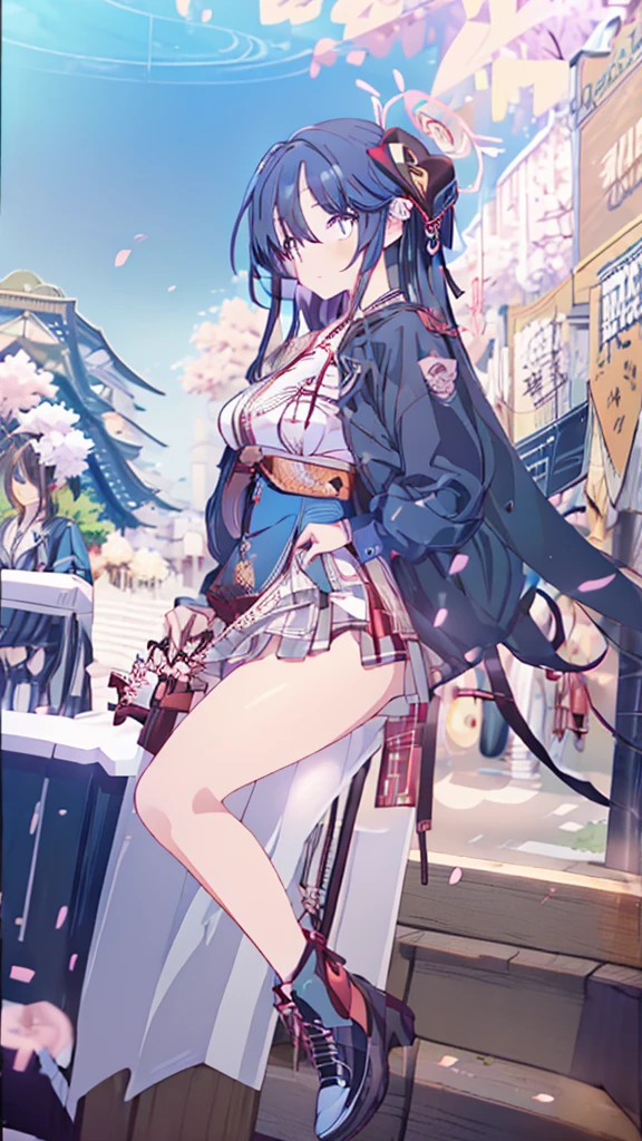 best quality, extremely detailed, anime style adult 1girl, long hair down to the waist, straight hair, ((dark black hair with bluish)),crown braid,beautiful detailed eyes, pinched eyes, dark blue eyes, huge breasts,curvy,(((colorful clothing))),Western clothes,Active Clothing,Clothing with intricate decorations,((foppery shoes)),animation cap,animated gif,((((Cherry Blossom Park)))),((pov))