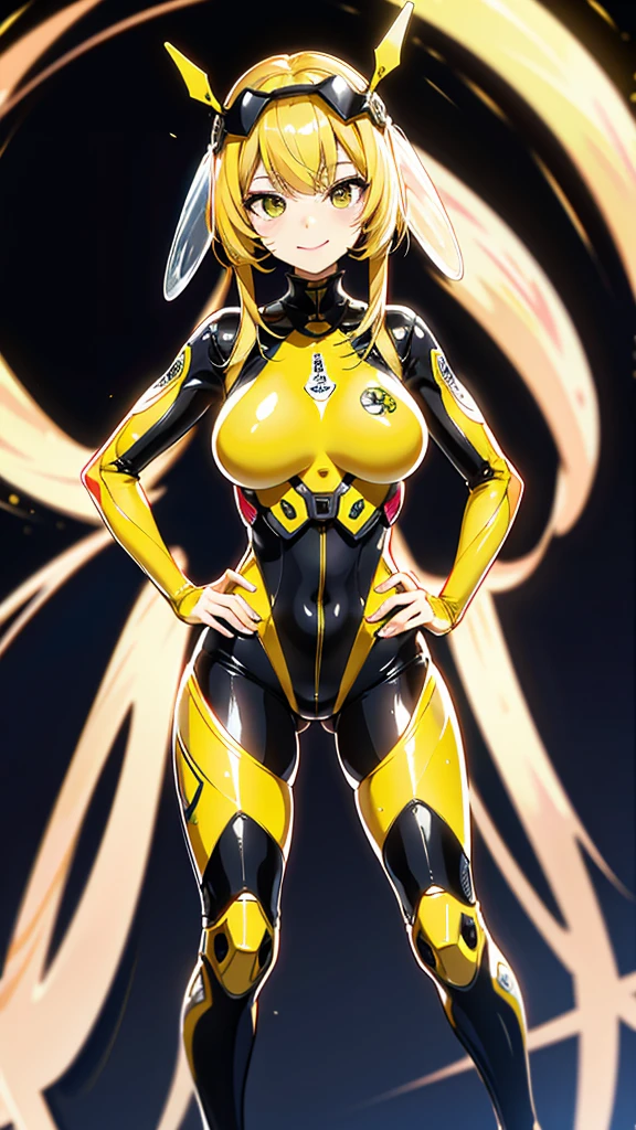 extremely clear 8K wallpaper, extremely delicate and detailed face, absurdres, masterpiece, full body, An android girl with a wasp motif, a helmet and flight suit intricately designed in fluorescent yellow and matte black, the helmet is designed to cover everything from her head to her nose, and her mouth has a sinister smile. , It has a huge needle part on its hip, which shows its high fighting ability., splatter ground, standing with hand on hip,