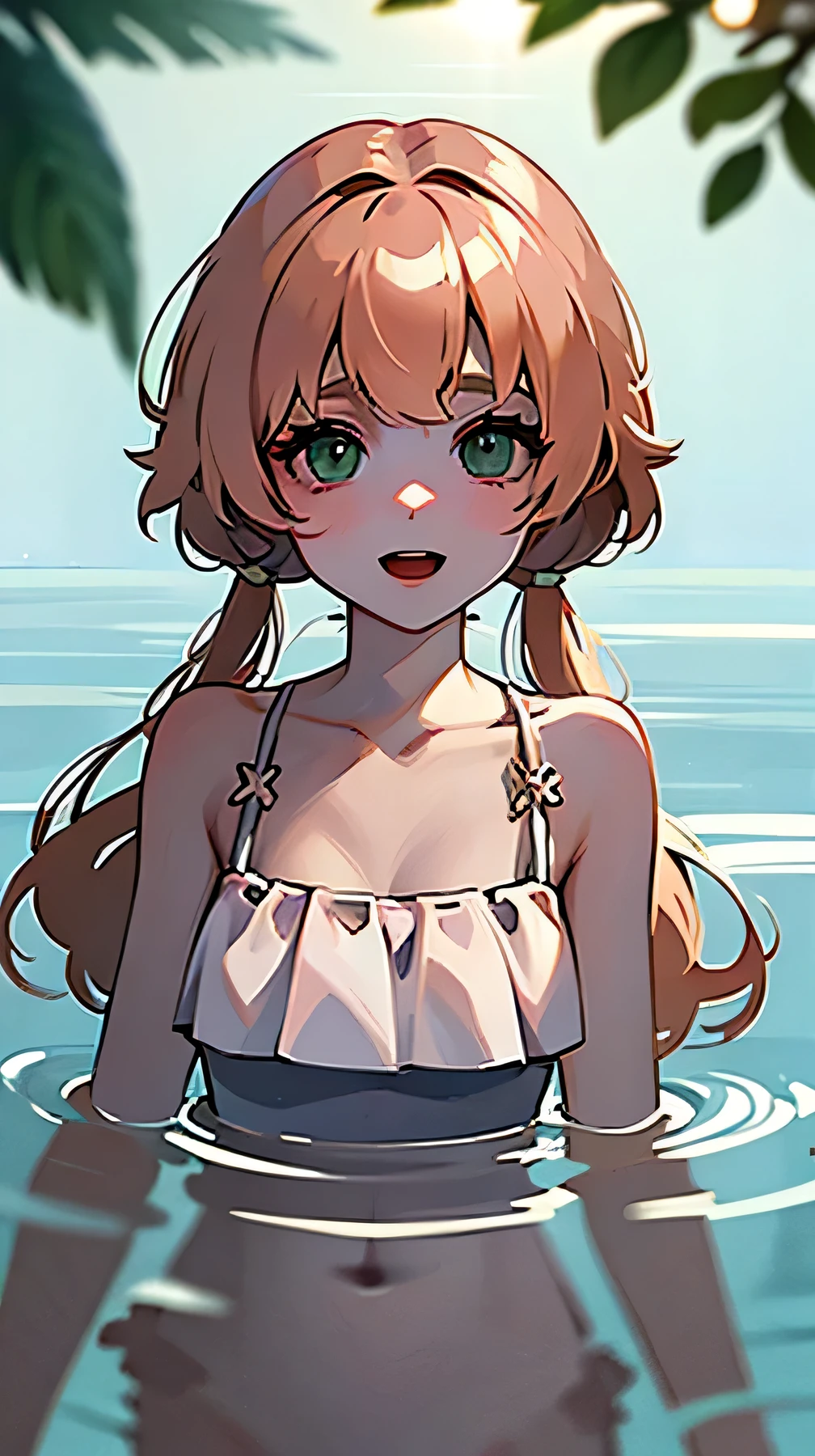 (high quality) (best quality) (a woman) (correct physiognomy) (perfect students) (perfect eyes) anime woman, long fluffy deep orange hair, green eyes, sensitive lips, feminine appearance, soft facial features, eyebrows thin, soft skin, rosy cheeks, pink lips, silky eyelashes, dreamy expression, middle age, in a pond of water in the middle of nature, cute anime animation style, photo illuminated by sunlight,