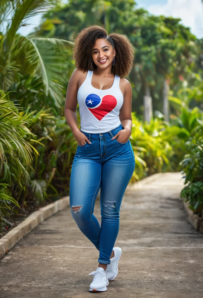 8k, a beautiful mixed caribbean girl, extremely detailed curvy full body, beautiful detailed eyes, beautiful detailed lips, smile, beautifull chest and butt, Heart with the hands, Red tank top, Wide blue jeans, Nike white air sneaker, vibrant colors, natural lighting, (best quality,4k,8k,highres,masterpiece:1.2),ultra-detailed,(realistic,photorealistic,photo-realistic:1.37),portrait,landscape