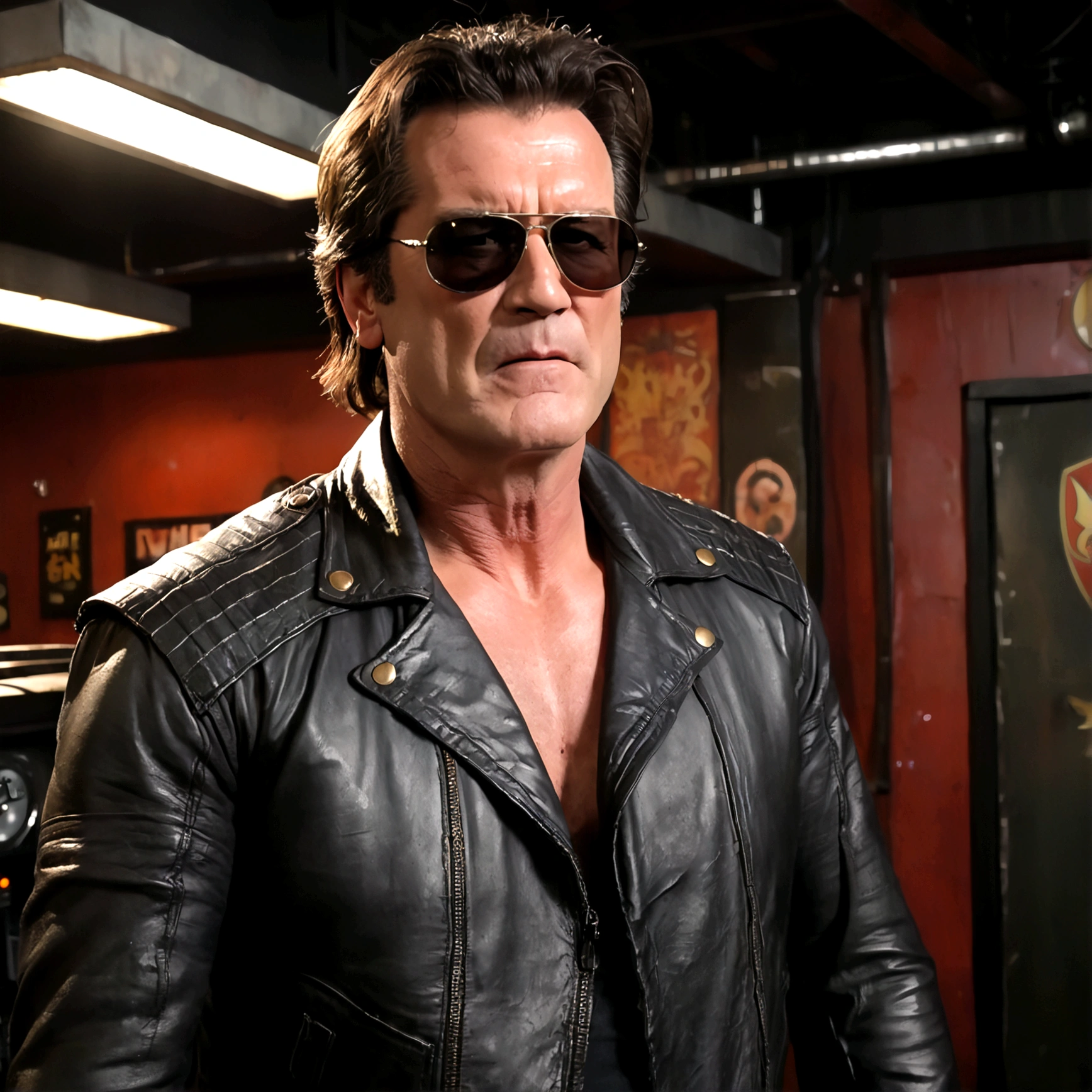 (a man in a leather jacket with sunglasses, angry facial expression (Big Trouble in Little China movies Jack Burton)), gesturing angrily arguing with (DC comics Batman), underground lair with high-tech equipment, dark moody lighting, dramatic composition, cinematic, (best quality,8k,highres,masterpiece:1.2),ultra-detailed,(realistic,photorealistic,photo-realistic:1.37),cinematic lighting,dramatic lighting,moody lighting,dark atmosphere,gritty,industrial,cyberpunk