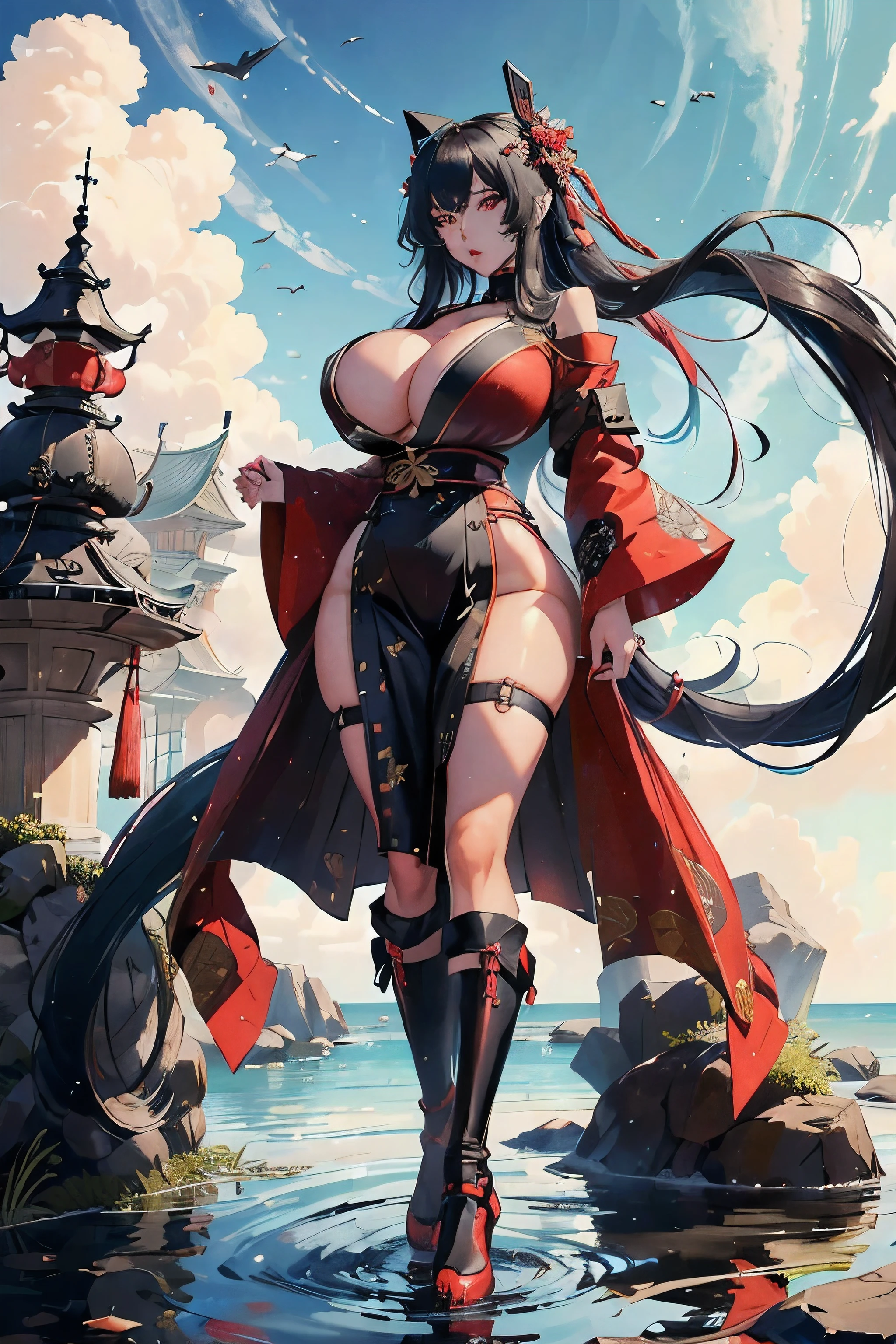 (((Full-body longshot))), Taihou is depicted with long, flowing black hair and red eyes. She wears a traditional yet modified outfit that combines elements of a kimono with a modern military uniform. Her outfit is often quite revealing, emphasizing her voluptuous figure.
