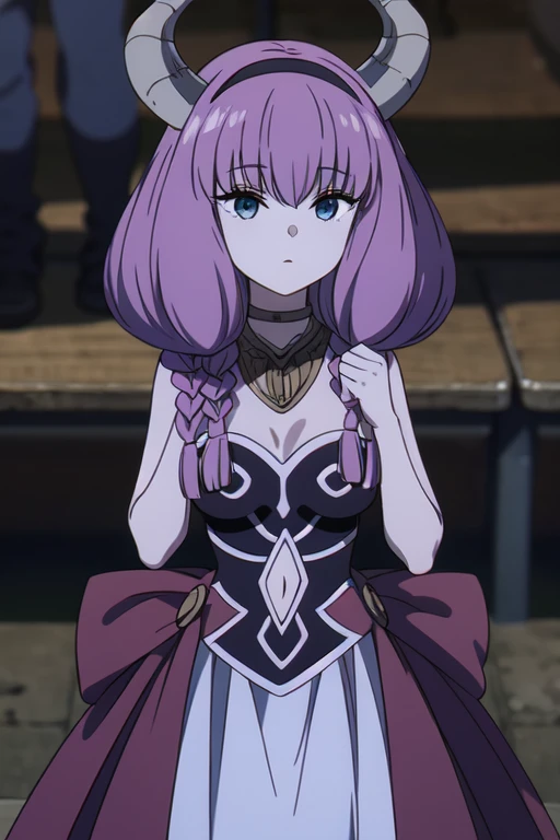 ((Best quality))), ((Ultra-detailed)), ((illustration)), ((Disheveled hair)), ((frilld)), (1 girl), (Solo),
1girl,blurry,blurry_background,blurry_foreground,bokeh,breasts,depth_of_field,dress,focused,hair_flaps,hairband,hand_on_own_chest,indoors,long_hair,motion_blur,photo_(medium),photo_background,solo,rating:safe,Princess_dress,
pink hair,grey hair,Horns,