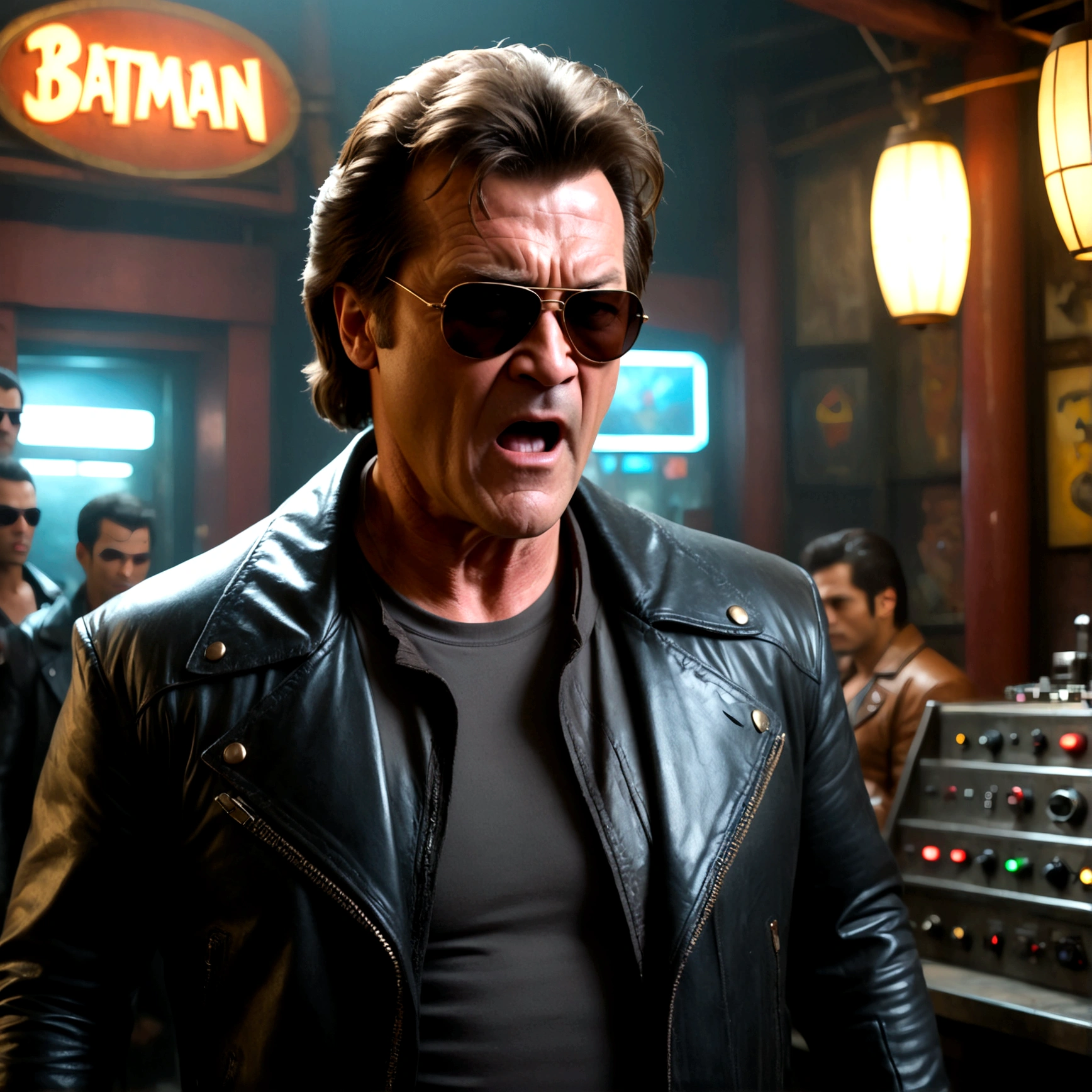 (a man in a leather jacket with sunglasses, angry facial expression (Big Trouble in Little China movies Jack Burton)), gesturing angrily arguing with (DC comics Batman), underground lair with high-tech equipment, dark moody lighting, dramatic composition, cinematic, (best quality,8k,highres,masterpiece:1.2),ultra-detailed,(realistic,photorealistic,photo-realistic:1.37),cinematic lighting,dramatic lighting,moody lighting,dark atmosphere,gritty,industrial,cyberpunk
