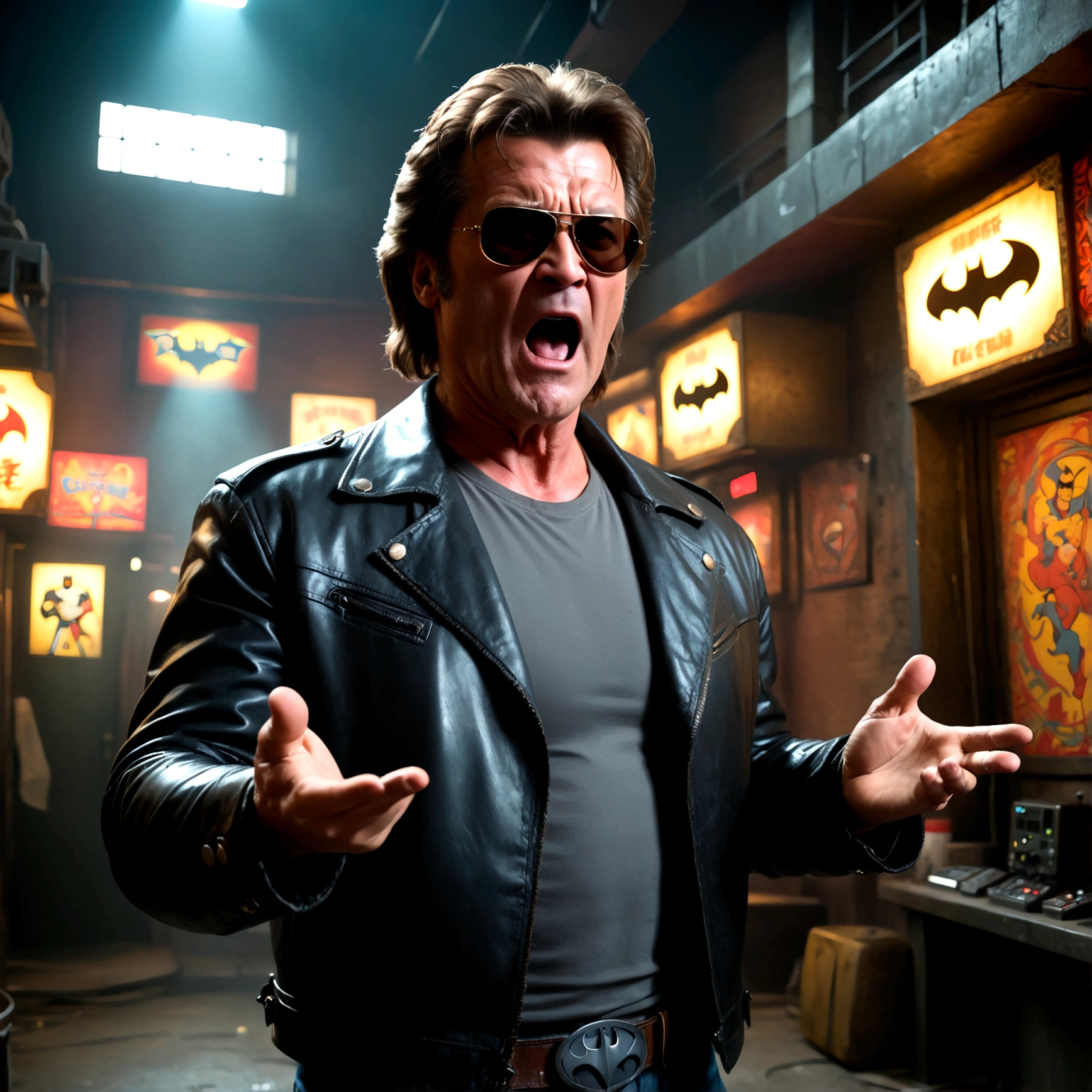 (a man in a leather jacket with sunglasses, angry facial expression (Big Trouble in Little China movies Jack Burton)), gesturing angrily arguing with (DC comics Batman), underground lair with high-tech equipment, dark moody lighting, dramatic composition, cinematic, (best quality,8k,highres,masterpiece:1.2),ultra-detailed,(realistic,photorealistic,photo-realistic:1.37),cinematic lighting,dramatic lighting,moody lighting,dark atmosphere,gritty,industrial,cyberpunk