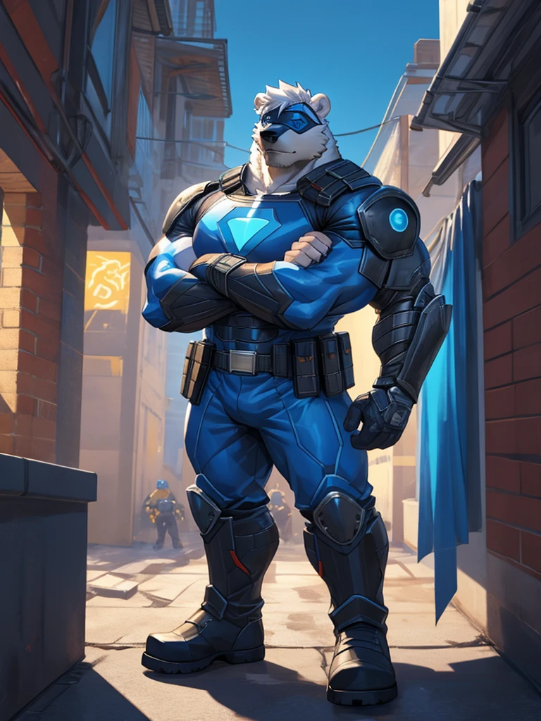 Anthropomorphic polar bear, superhero, have a pumped body，hot，Have chest muscles，white hair，Standing on rooftop of the building，Wear blue eye mask，Wear a super-suit，An armor blue coloured breastplate, pants and boots, black sleeves with biceps, belt with a golden triangle, blue gloves with five fingers, crossed arms, heroic
