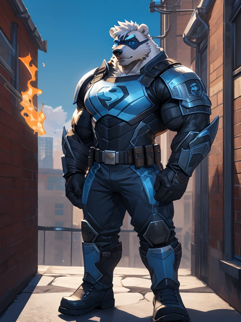 Anthropomorphic polar bear, superhero, have a pumped body,hot,Have chest muscles,white hair,Standing on rooftop of the building,Wear blue eye mask,Wear a super-suit,An armor blue coloured breastplate, pants and boots, black sleeves with biceps, belt with a golden triangle, blue gloves with five fingers, crossed arms, heroic