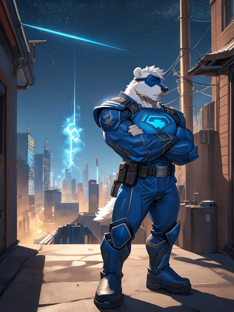 Anthropomorphic polar bear, superhero, have a pumped body,hot,Have chest muscles,white hair,Standing on rooftop of the building,Wear blue eye mask,Wear a super-suit,An armor blue coloured breastplate, pants and boots, black sleeves with biceps, belt with a golden triangle, blue gloves with five fingers, crossed arms, heroic