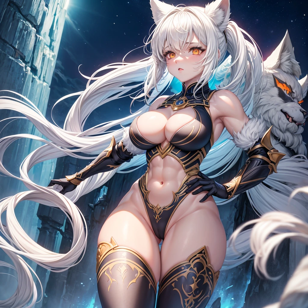 short white hair with white wolf ears, braided ponytail. Orange eyes. Sexy, fantasy kngiht armor with thighhighs, fur on shoulders, muscular body. Thick thighs and wide hips. Cleavage breasts, visible abs, confident pose, making a fist. Moonlight in the background.