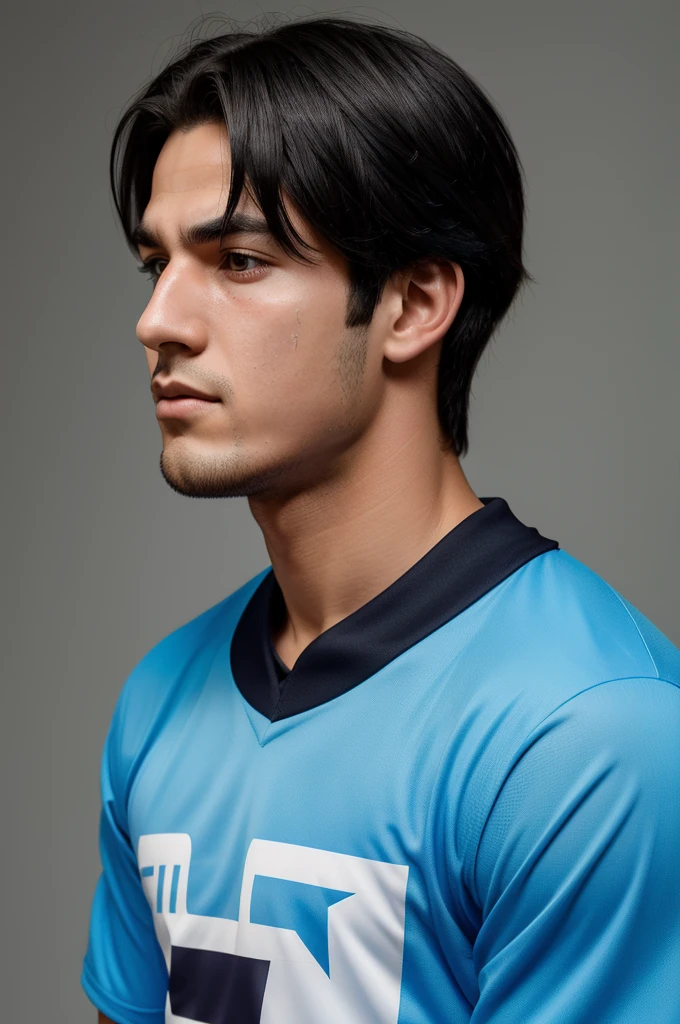 Smart boy character who wears blue pop color jersey and is a gummer and has shocking reaction on his face his eyes black, hair black right side view