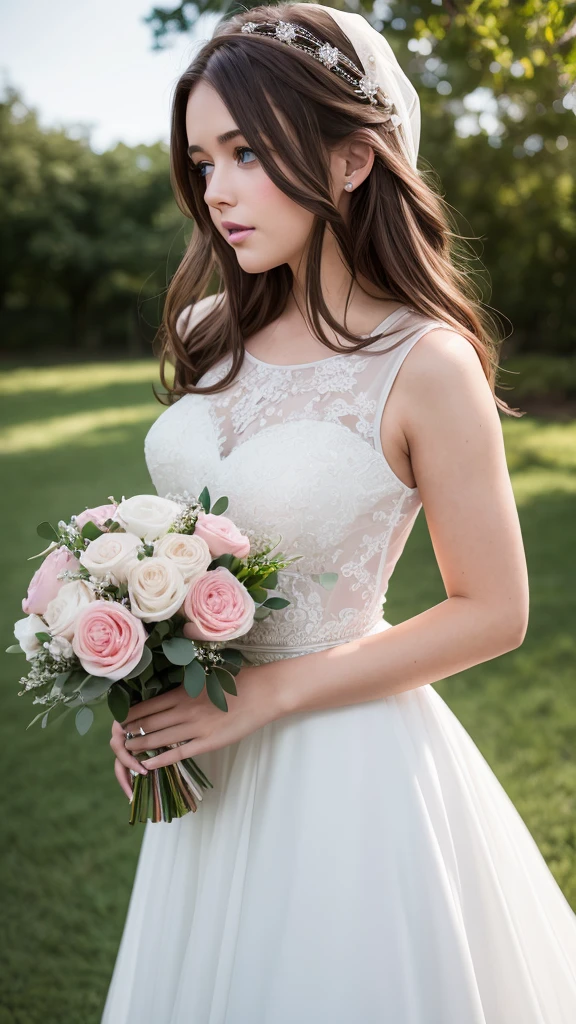 a girl with brown hair, blue eyes and pink lips wearing a white wedding dress