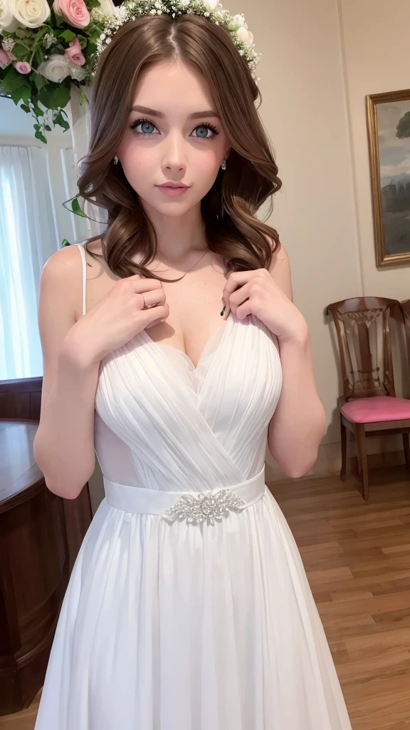 a girl with brown hair, blue eyes and pink lips wearing a white wedding dress