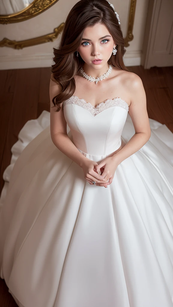 a girl with brown hair, blue eyes and pink lips wearing a white wedding dress