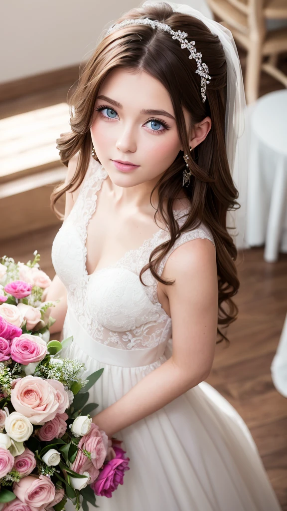 a girl with brown hair, blue eyes and pink lips wearing a white wedding dress