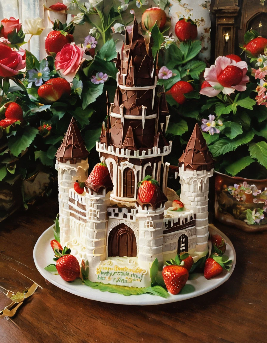 A cake made of layers of chocolate cake, Vanilla Frosting, And strawberries. The cake is in the shape of a castle with a drawbridge and a moat.. The castle is surrounded by a floral garden. Next to the cake「happy birthday」There is a sign that says.