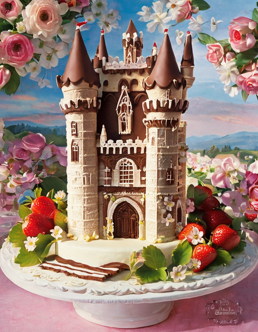 A cake made of layers of chocolate cake, Vanilla Frosting, And strawberries. The cake is in the shape of a castle with a drawbridge and a moat.. The castle is surrounded by a floral garden. Next to the cake「happy birthday」There is a sign that says.