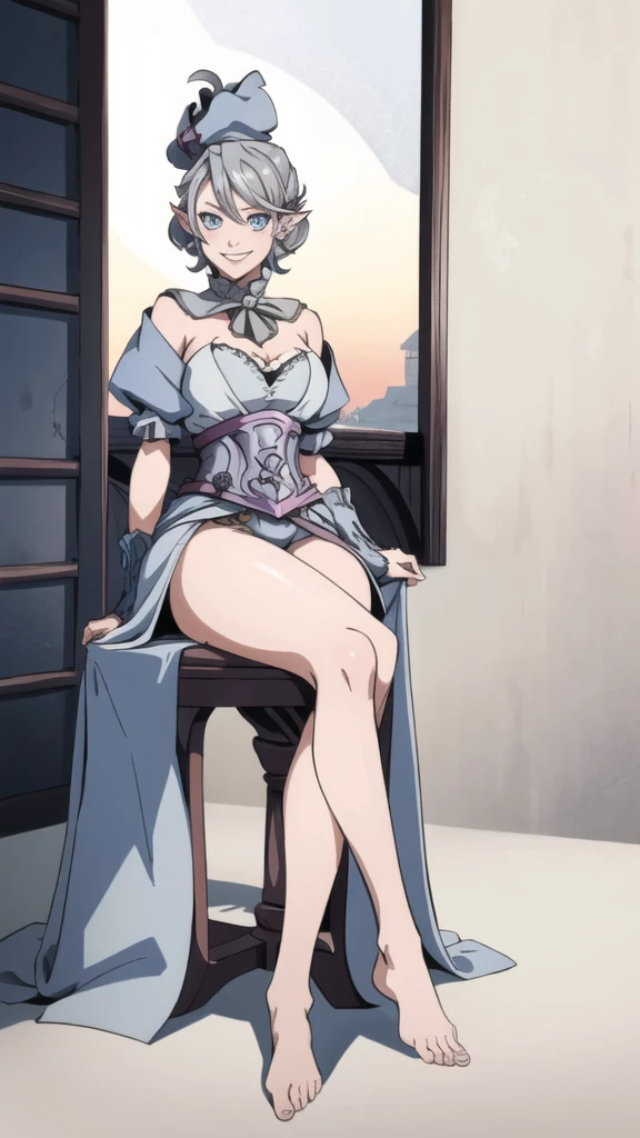 Beautiful arts wallpaper Sunset Outside castle top High level image quality best image quality 8K adult woman on pirate ship with bikini more colors whole body view portrait ears short hair((shortcut)(gray hair)(perm)(fluffy)) eye color is blue , , attractive evil face , smile , wering dress, pirate hat , labrynth , sitting with crossed legs , barefoot , below