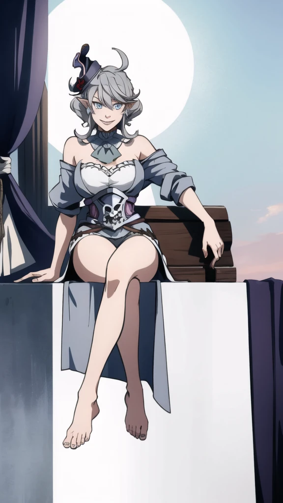 Beautiful arts wallpaper Sunset Outside castle top High level image quality best image quality 8K adult woman on pirate ship with bikini more colors whole body view portrait ears short hair((shortcut)(gray hair)(perm)(fluffy)) eye color is blue , , attractive evil face , smile , wering dress, pirate hat , labrynth , sitting with crossed legs , barefoot , below