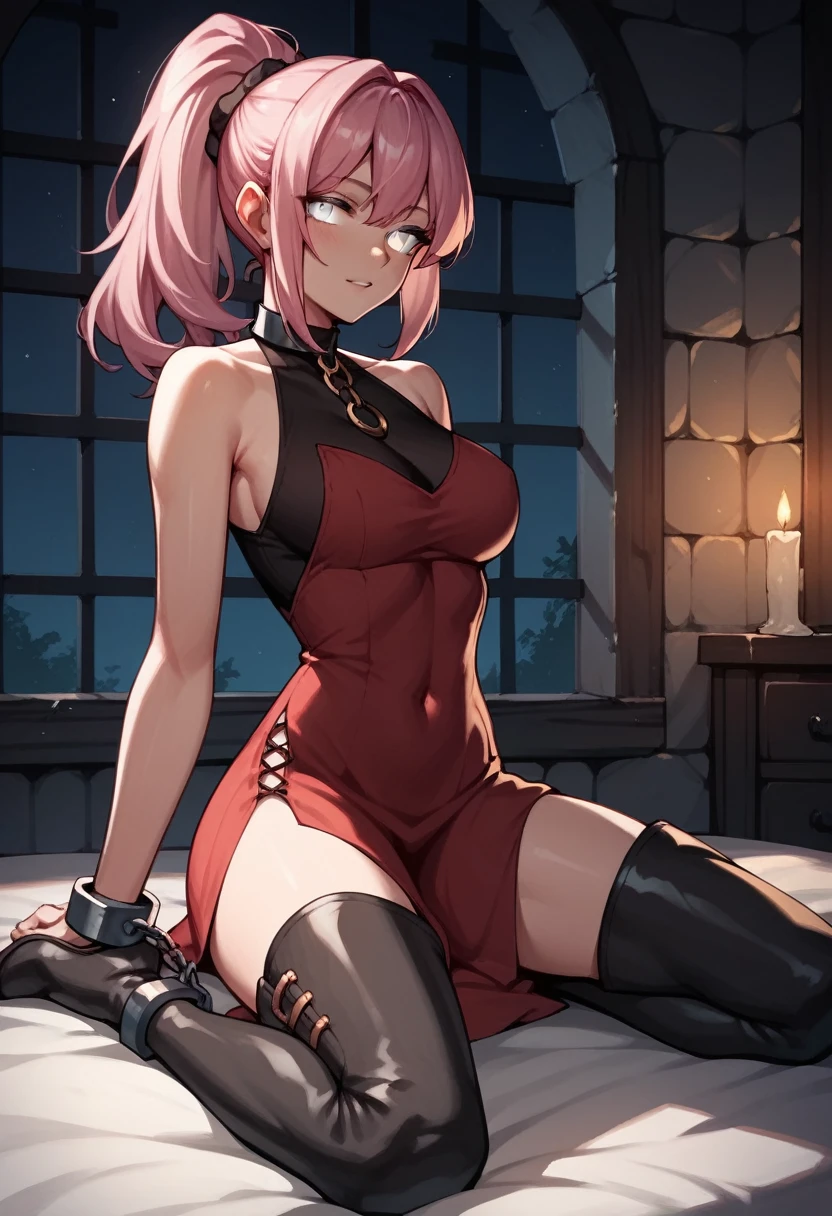 check_9, check_8_up, check_7_up, check_6_up, check_5_up, check_4_up, source_Anime, 1 girl,Bed, pink hair, ponytail, white eyes, language, WW chain, shackles, black shirt, Red dress, sexy pose, black thigh-high boots, night, dungeon, Best quality, better resolution, 4k uhd,