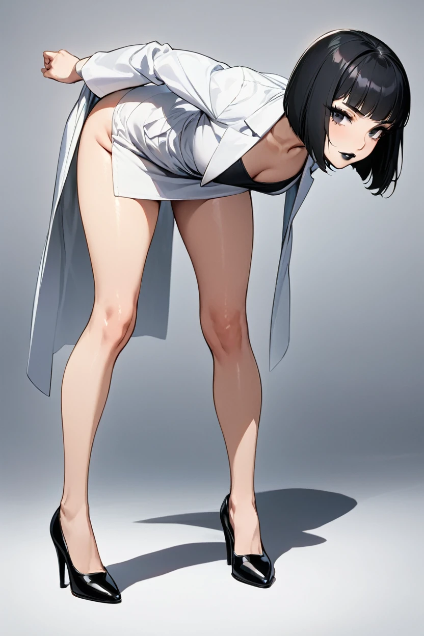 (masterpiece, best quality, Full HD), full body character, doctor woman, bob cut black hair, black lips, black eyelashes, ((white lab coat)), black short dress, bare legs, high heels, (bent over)
