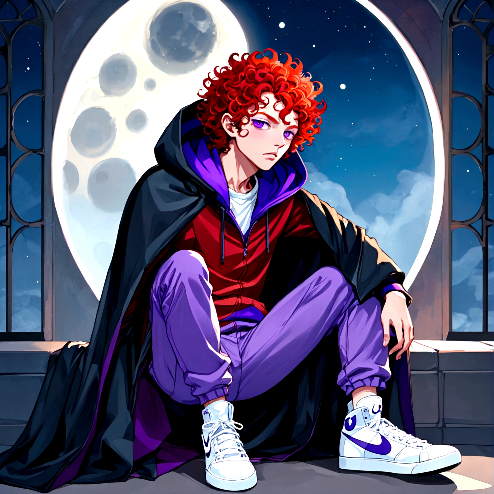 ((whole body)), ((  boy ,male gender)),(( vampire race )), ((red curly hair with a hood on her head)), ((masculine face)),((eyeballs )),((purple hooded coat )),((purple pants )),((white nike shoes)) sitting on the sofa looking out his giant window at the full moon