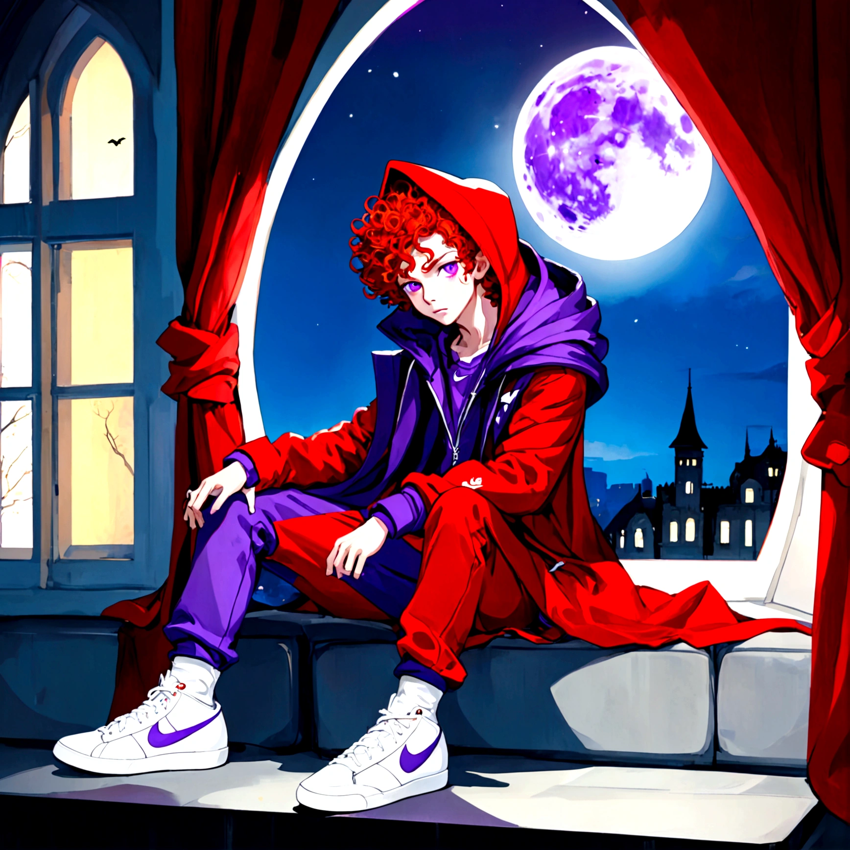 ((whole body)), ((  boy ,male gender)),(( vampire race )), ((red curly hair with a hood on her head)), ((masculine face)),((eyeballs )),((purple hooded coat )),((purple pants )),((white nike shoes)) sitting on the sofa looking out his giant window at the full moon