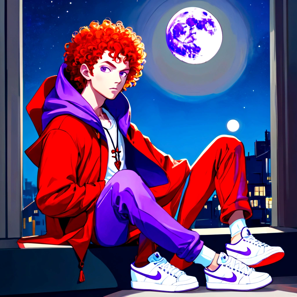 ((whole body)), ((  boy ,male gender)),(( vampire race )), ((red curly hair with a hood on her head)), ((masculine face)),((eyeballs )),((purple hooded coat )),((purple pants )),((white nike shoes)) sitting on the sofa looking out his giant window at the full moon