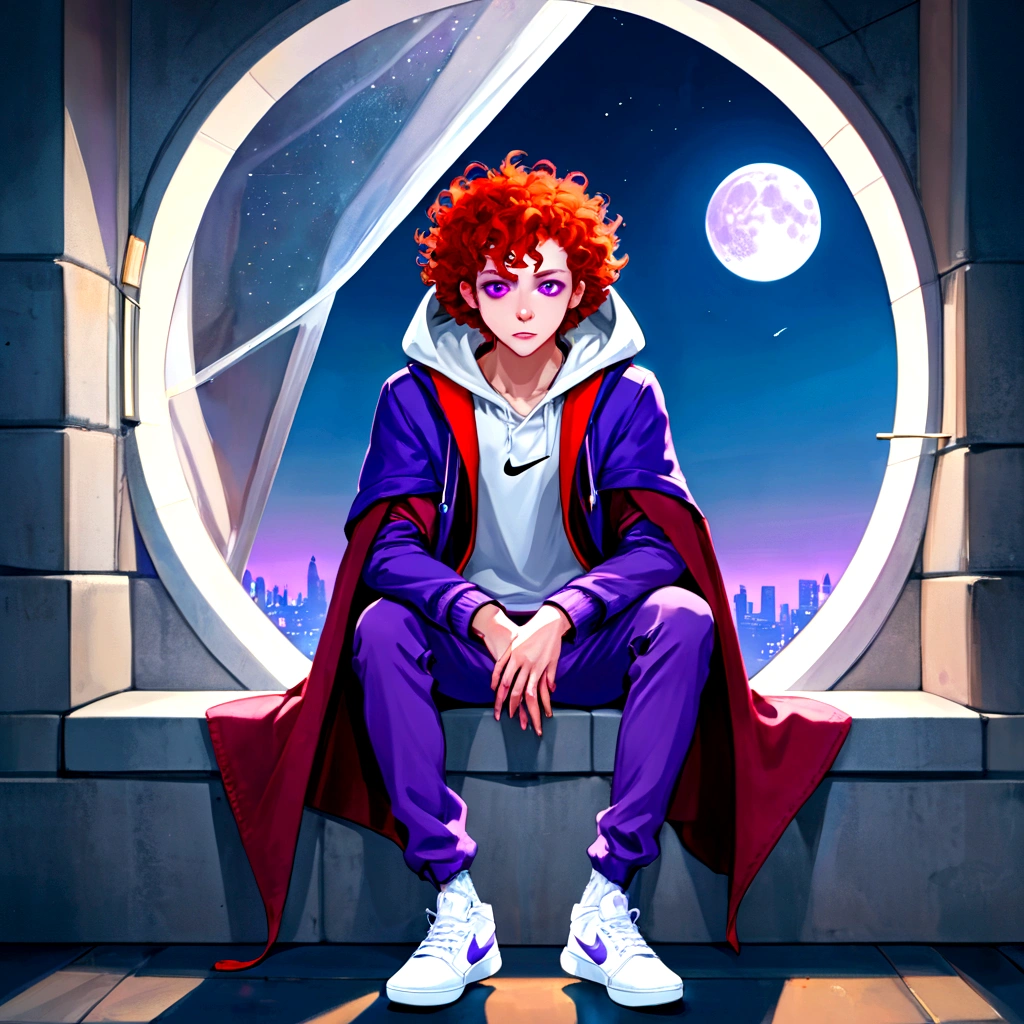 ((whole body)), (( boy ,male gender)),(( vampire race )), ((red curly hair with a hood on her head)), ((masculine face)),((eyeballs )),((purple hooded coat )),((purple pants )),((white nike shoes)) sitting on the sofa looking out his giant window at the full moon