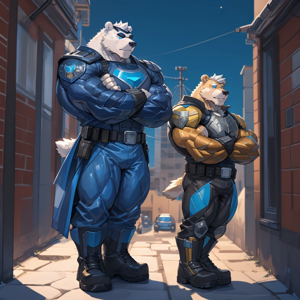 Anthropomorphic polar bear, superhero, have a pumped body，hot，Have chest muscles，white hair，Standing on rooftop of the building，Wear blue eye mask，Wear a super-suit，An armor blue coloured breastplate, pants and boots, black sleeves with biceps, belt with a golden triangle, blue gloves with five fingers, crossed arms, heroic