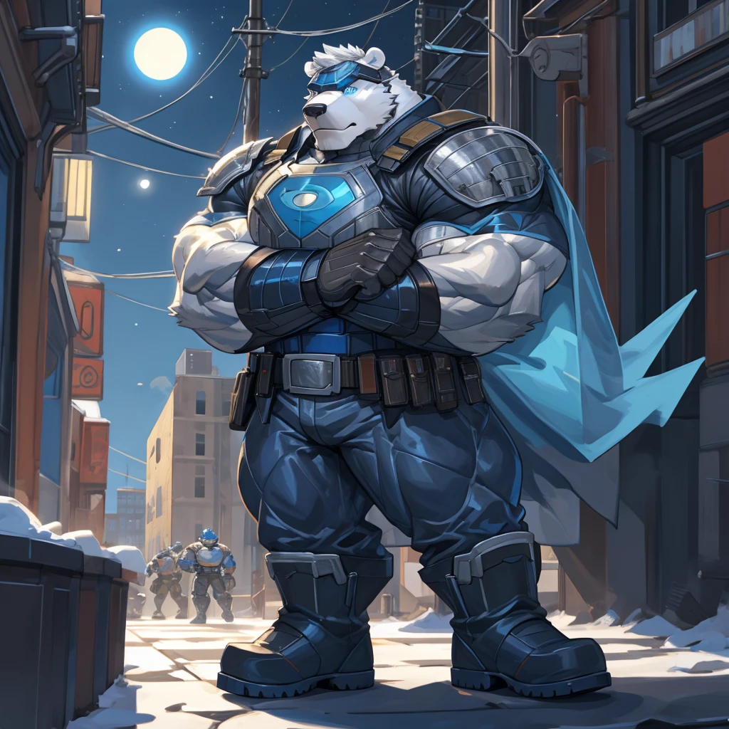 Anthropomorphic polar bear, superhero, have a pumped body，hot，Have chest muscles，white hair，Standing on rooftop of the building，Wear blue eye mask，Wear a super-suit，An armor blue coloured breastplate, pants and boots, black sleeves with biceps, belt with a golden triangle, blue gloves with five fingers, crossed arms, heroic